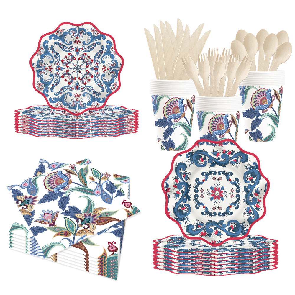 DAMAI Floral Theme Chinese Style Retro Disposable Party Paper Plates Cups Napkin with Tableware Set Serve for 8 Guests