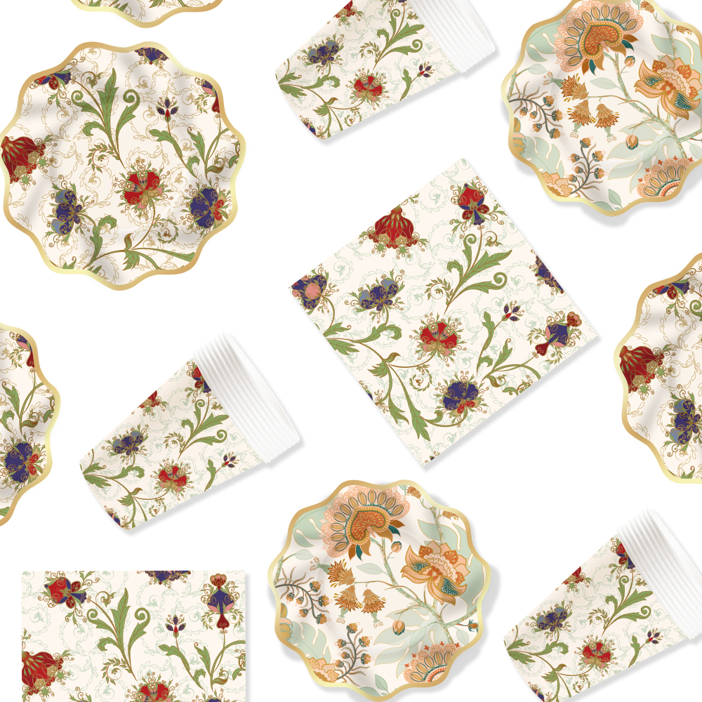 DAMAI Kaki Floral Theme Party Supplies Party Decorations Tableware Set Disposable Dinnerware Set Party Paper Plate