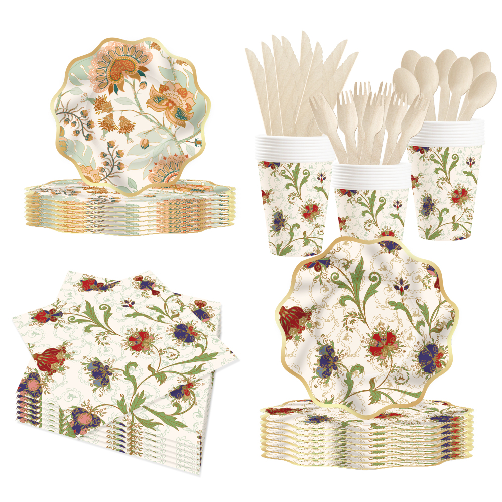 DAMAI Kaki Floral Theme Party Supplies Party Decorations Tableware Set Disposable Dinnerware Set Party Paper Plate