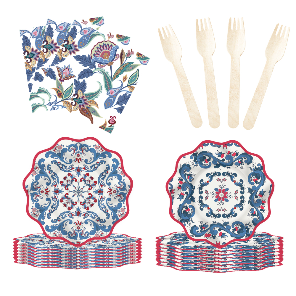 DAMAI Floral Theme Chinese Style Retro Disposable Party Paper Plates Cups Napkin with Tableware Set Serve for 8 Guests