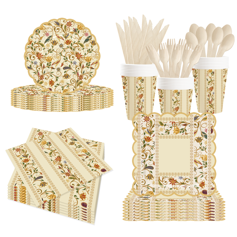 DAMAI New Customized Flower Theme Birthday Party Disposable Paper Plates Napkin Cups Brown Floral Tableware Set
