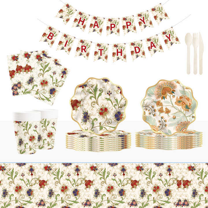 DAMAI Kaki Floral Theme Party Supplies Party Decorations Tableware Set Disposable Dinnerware Set Party Paper Plate