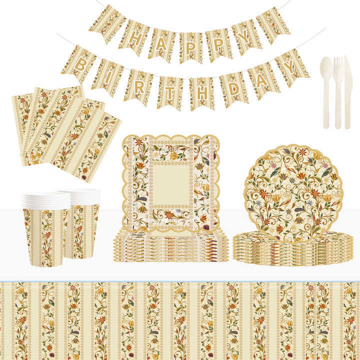 DAMAI New Customized Flower Theme Birthday Party Disposable Paper Plates Napkin Cups Brown Floral Tableware Set
