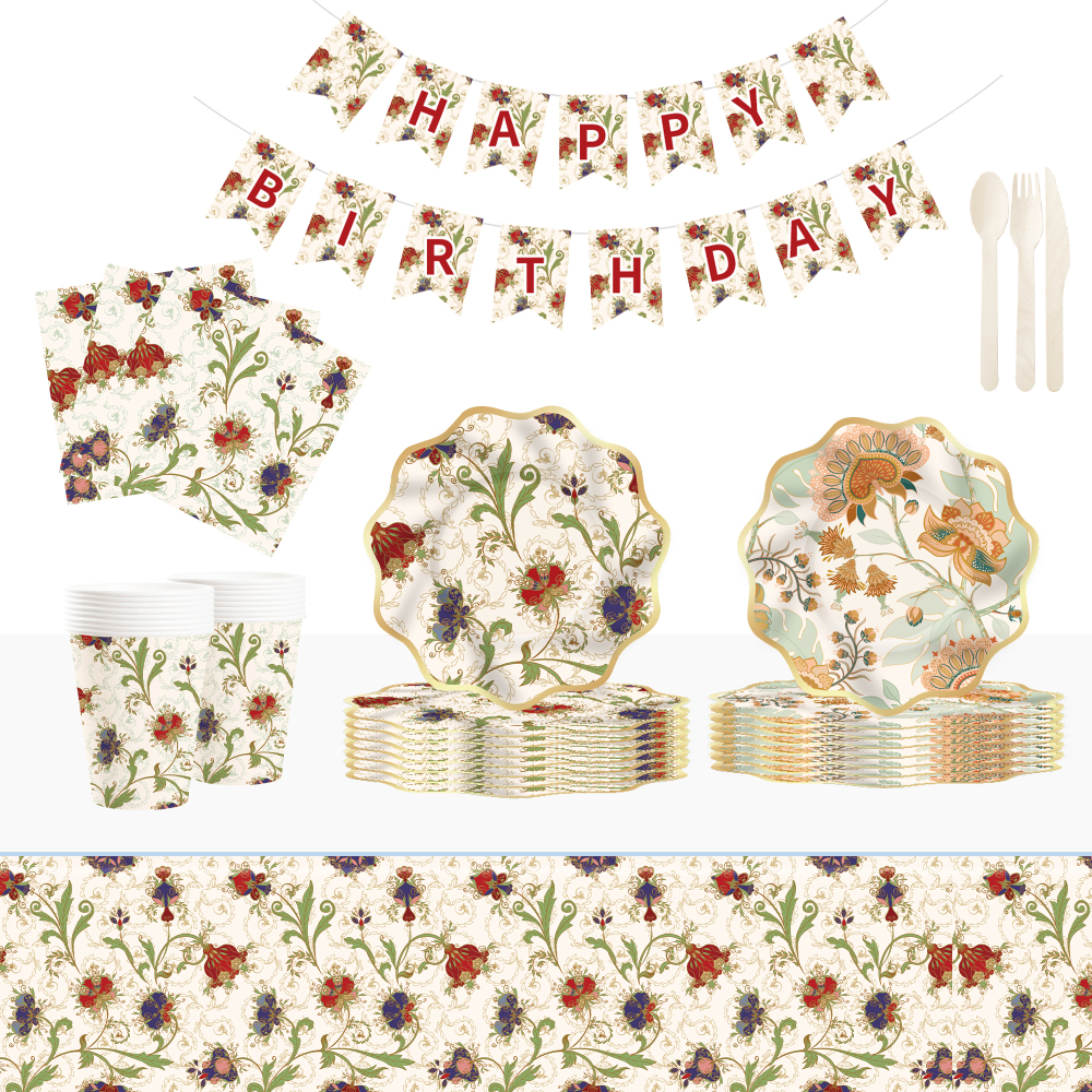 DAMAI Kaki Floral Theme Party Supplies Party Decorations Tableware Set Disposable Dinnerware Set Party Paper Plate
