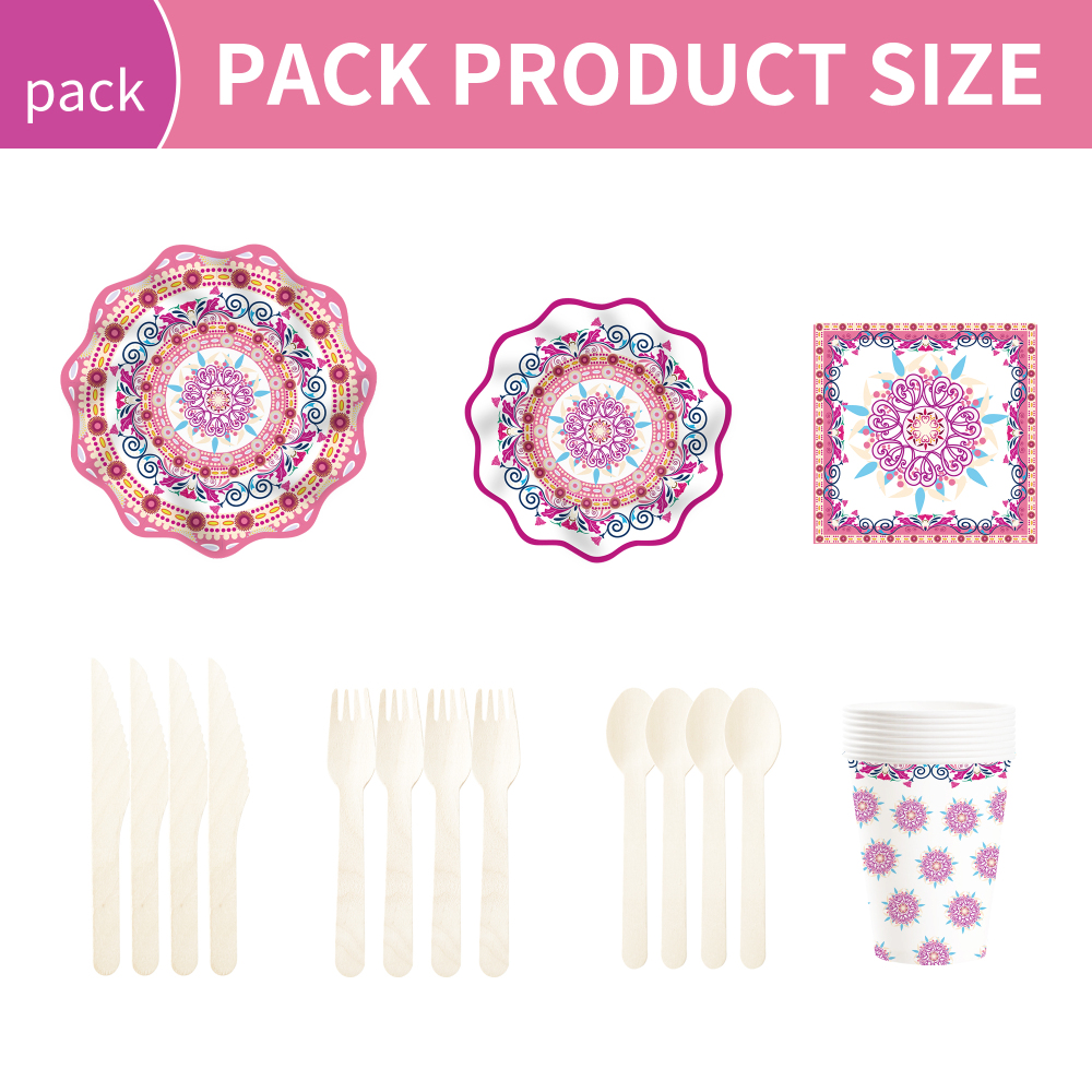 DAMAI Chinese Style Happy Birthday Theme Party Kits PinkWave Shape Disposable Party Paper Plates Cups Napkin Tableware Set