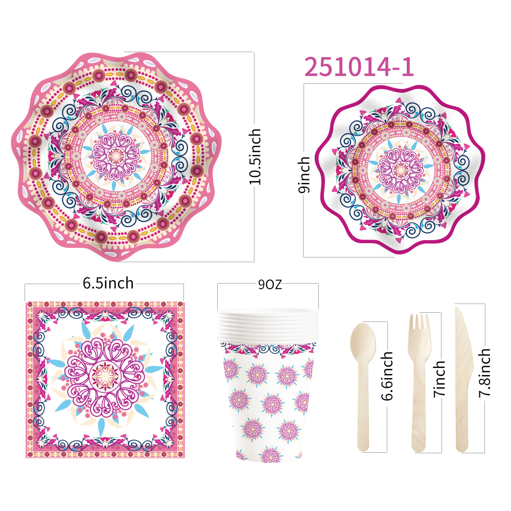 DAMAI Chinese Style Happy Birthday Theme Party Kits PinkWave Shape Disposable Party Paper Plates Cups Napkin Tableware Set