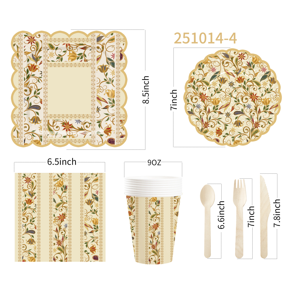 DAMAI New Customized Flower Theme Birthday Party Disposable Paper Plates Napkin Cups Brown Floral Tableware Set