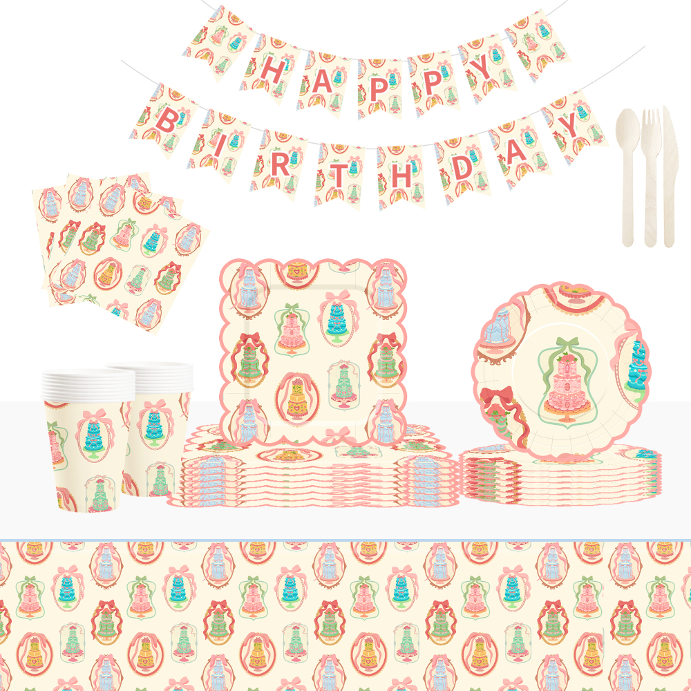 DAMAI Happy Birthday Theme Party Decoration with Cake Disposable Party Paper Plates Cups Napkin with Tableware Set