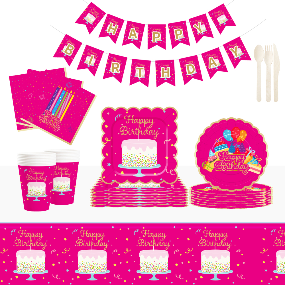 DAMAI Hot Pink Happy Birthday Party Theme Table Decorations Kit Disposable Paper Plates Banner Napkin Party Tableware Set