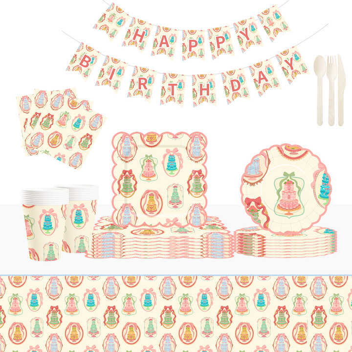 DAMAI Happy Birthday Theme Party Decoration with Cake Disposable Party Paper Plates Cups Napkin with Tableware Set