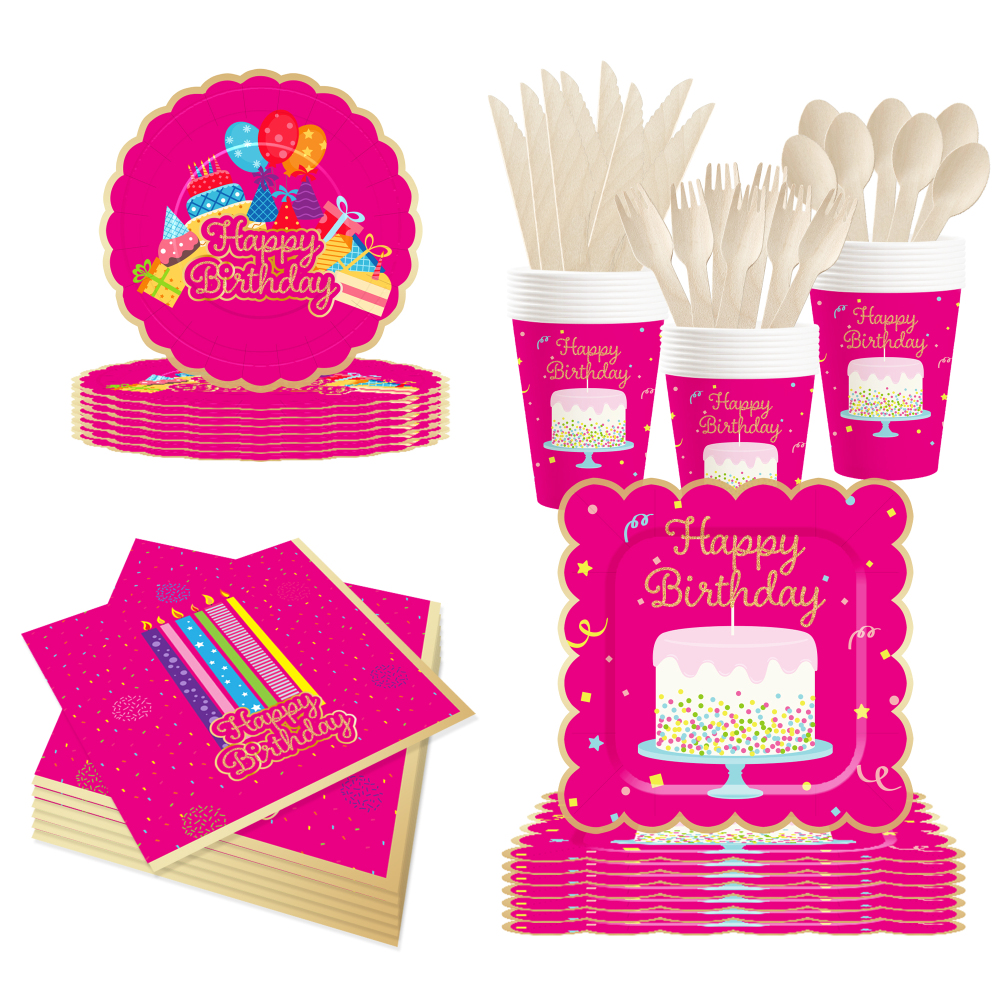 DAMAI Hot Pink Happy Birthday Party Theme Table Decorations Kit Disposable Paper Plates Banner Napkin Party Tableware Set