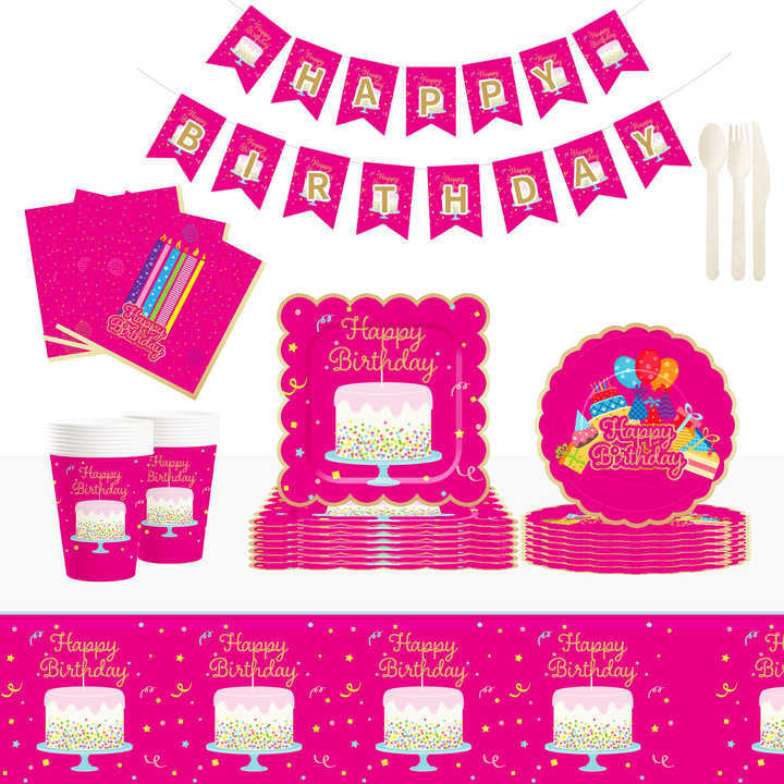 DAMAI Hot Pink Happy Birthday Party Theme Table Decorations Kit Disposable Paper Plates Banner Napkin Party Tableware Set