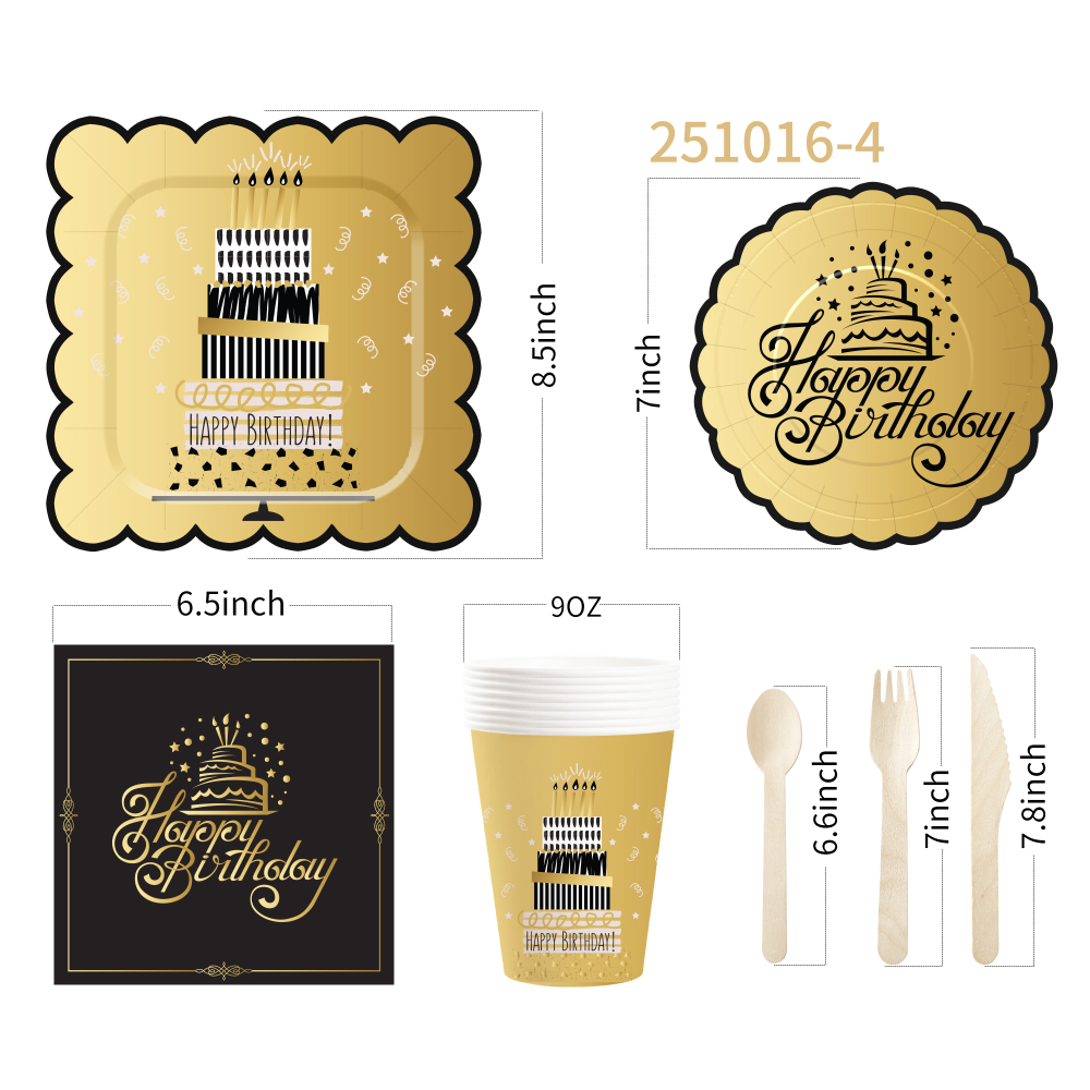 DAMAI New Design Gold Black Happy Birthday Party Disposable Paper Plates Napkin Cups Tableware Set Serve for 8 Guests