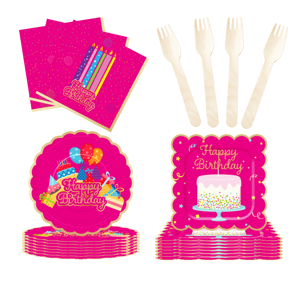 DAMAI Hot Pink Happy Birthday Party Theme Table Decorations Kit Disposable Paper Plates Banner Napkin Party Tableware Set