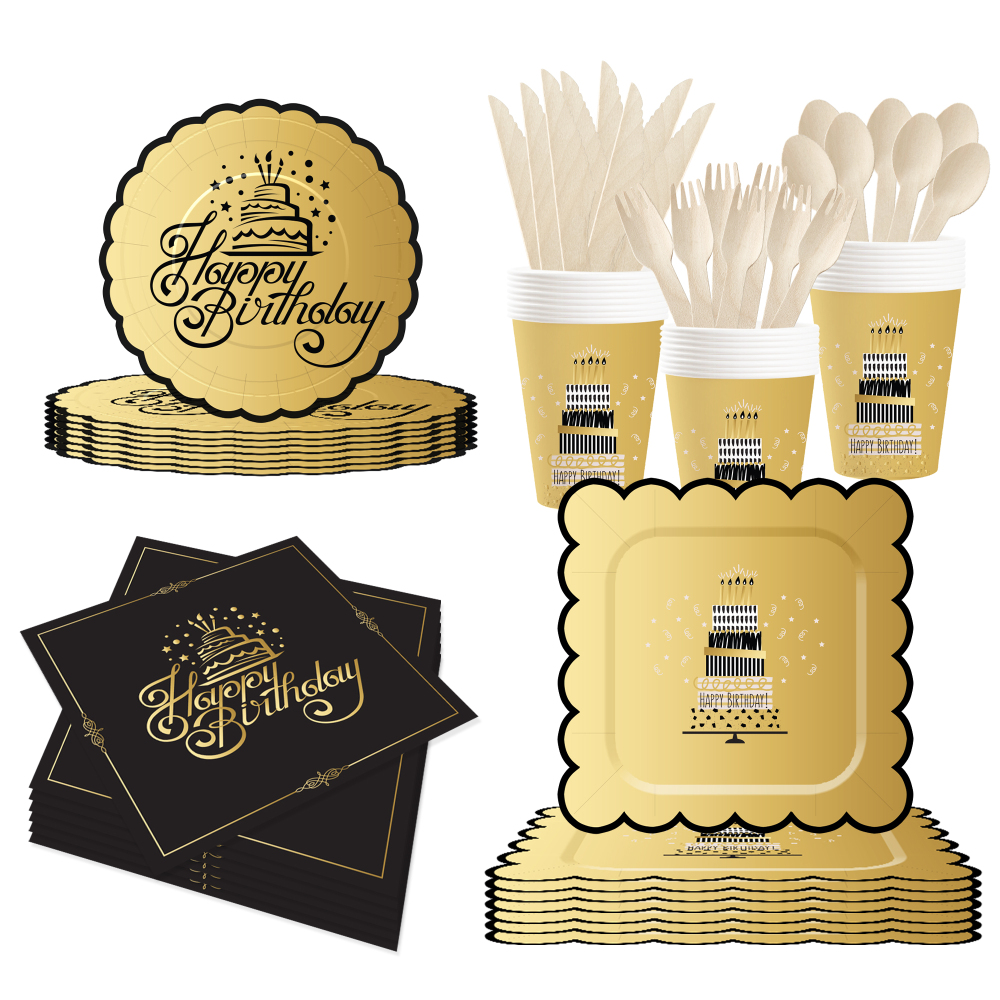 DAMAI New Design Gold Black Happy Birthday Party Disposable Paper Plates Napkin Cups Tableware Set Serve for 8 Guests