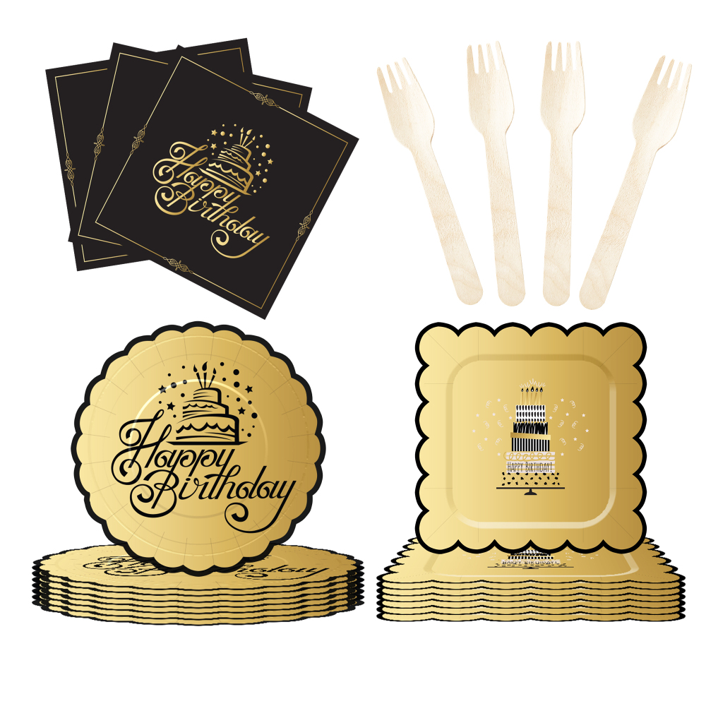 DAMAI New Design Gold Black Happy Birthday Party Disposable Paper Plates Napkin Cups Tableware Set Serve for 8 Guests