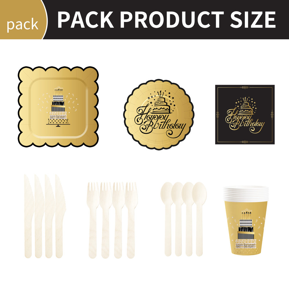 DAMAI New Design Gold Black Happy Birthday Party Disposable Paper Plates Napkin Cups Tableware Set Serve for 8 Guests