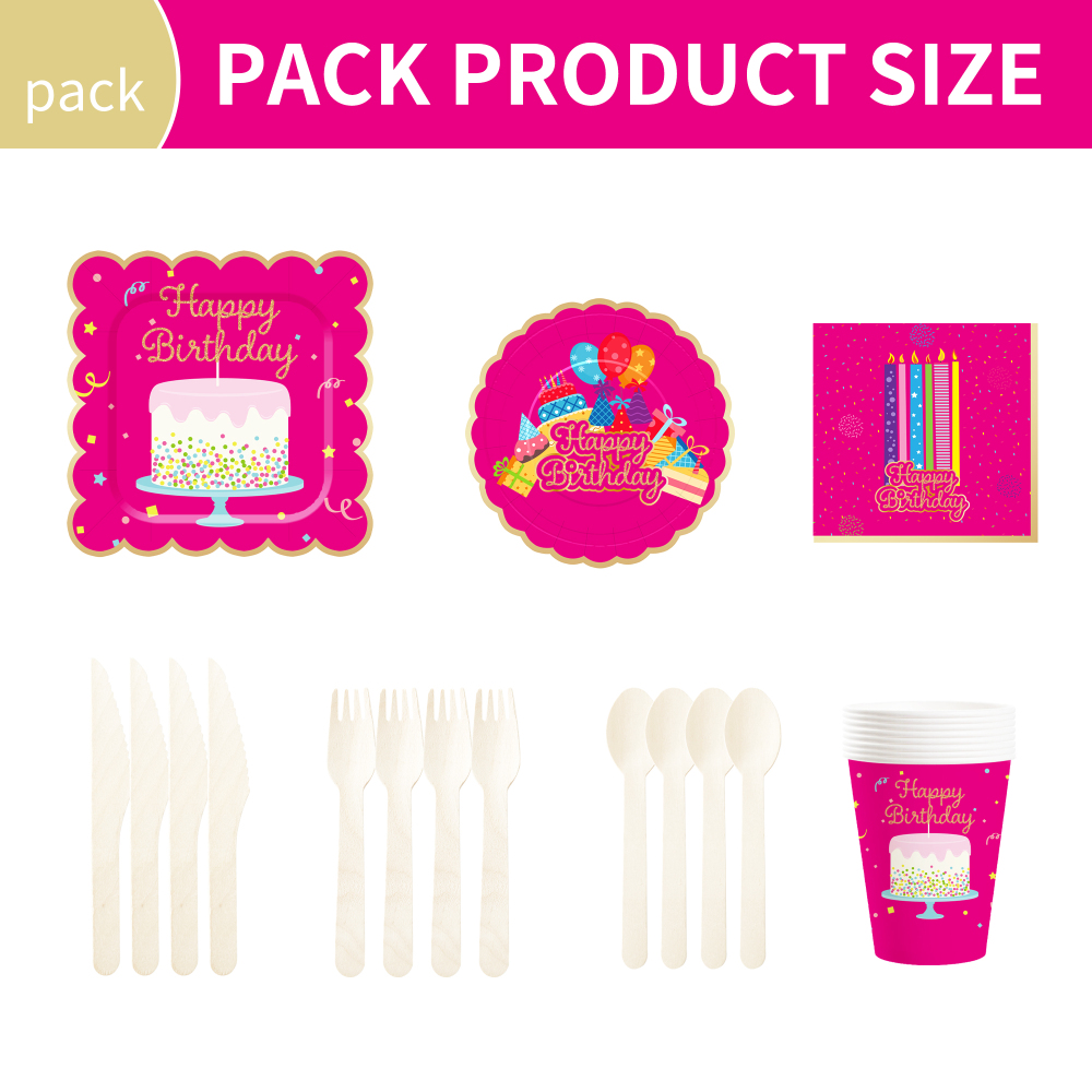 DAMAI Hot Pink Happy Birthday Party Theme Table Decorations Kit Disposable Paper Plates Banner Napkin Party Tableware Set