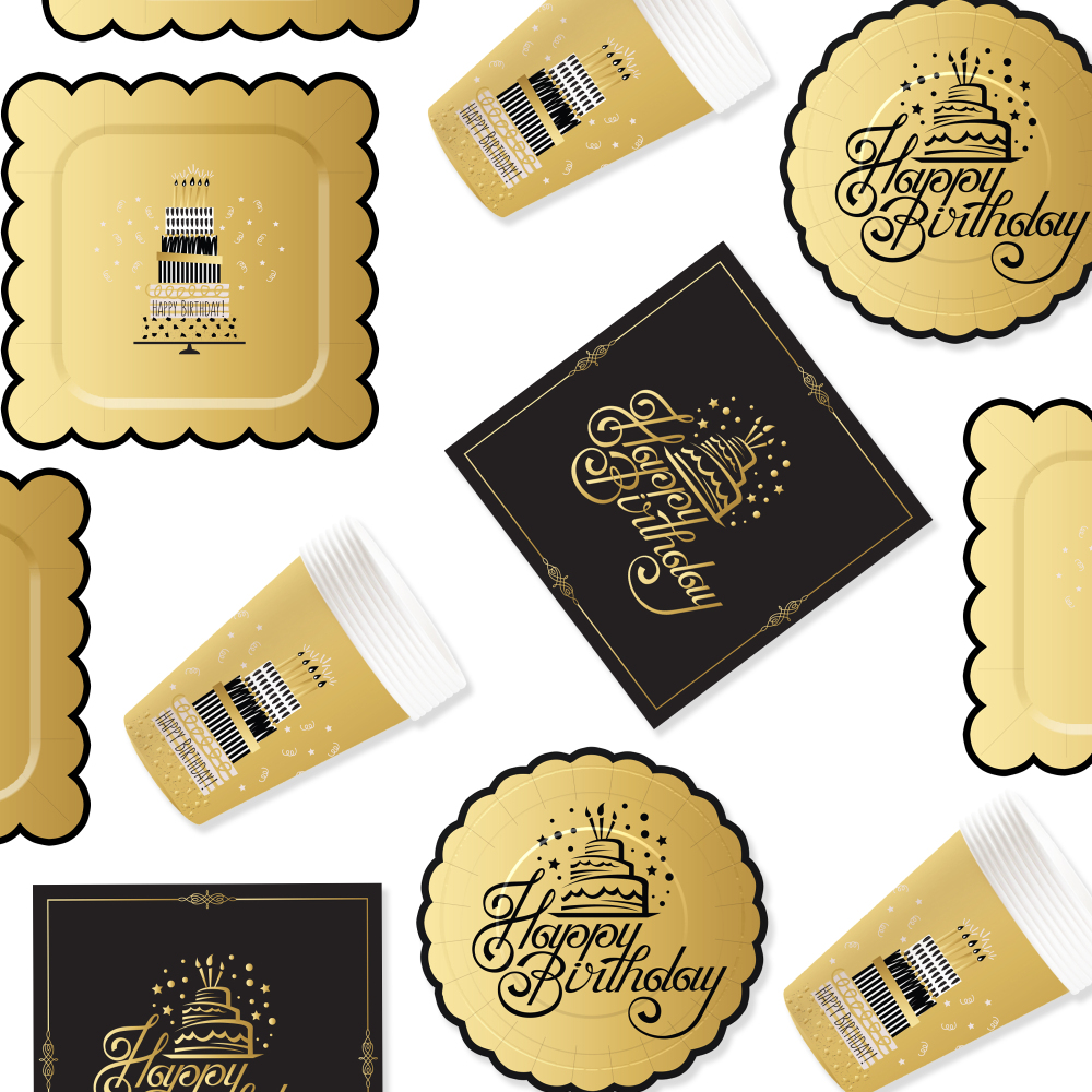 DAMAI New Design Gold Black Happy Birthday Party Disposable Paper Plates Napkin Cups Tableware Set Serve for 8 Guests