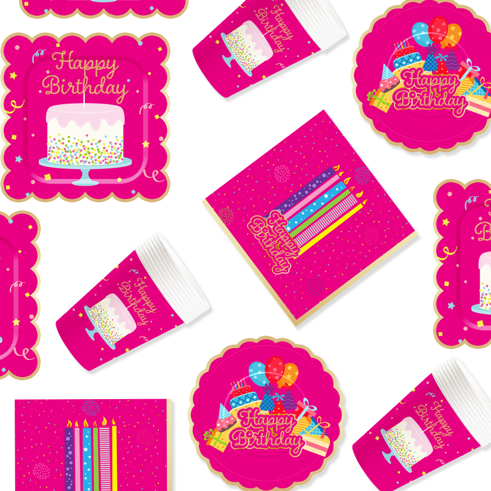 DAMAI Hot Pink Happy Birthday Party Theme Table Decorations Kit Disposable Paper Plates Banner Napkin Party Tableware Set