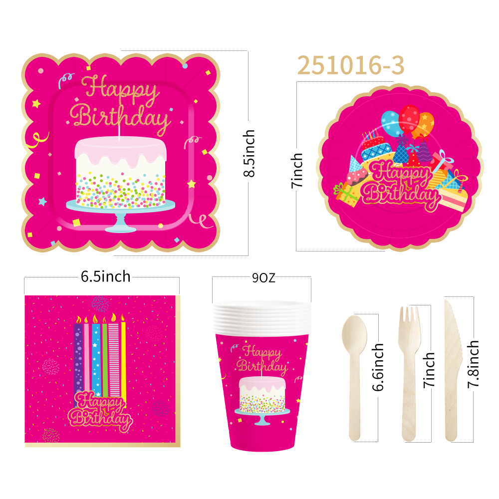 DAMAI Hot Pink Happy Birthday Party Theme Table Decorations Kit Disposable Paper Plates Banner Napkin Party Tableware Set