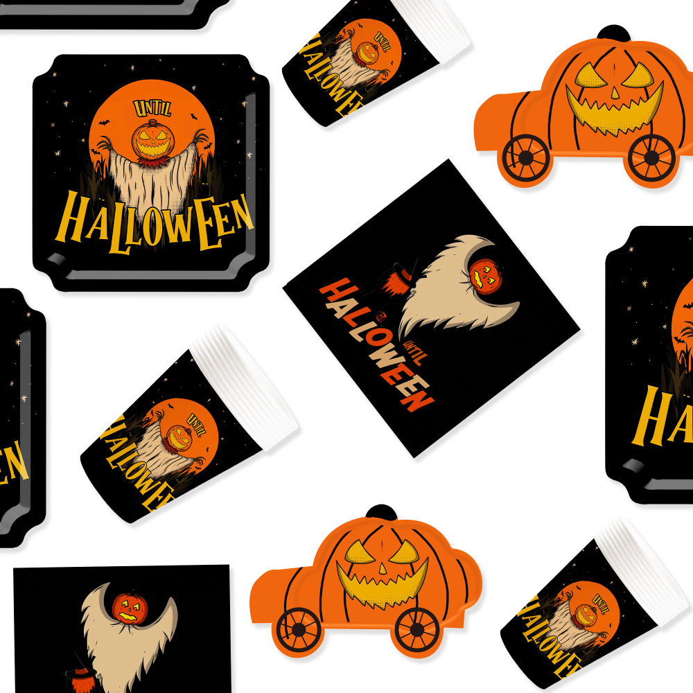 DAMAI Ghost Pumpkin Head and Pumpkin Truck Theme Paper Plates Cups and Napkins for Halloween Supply