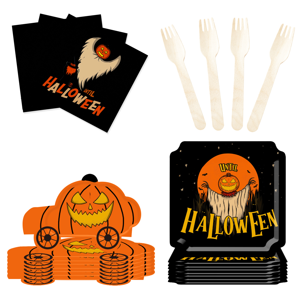 DAMAI Ghost Pumpkin Head and Pumpkin Truck Theme Paper Plates Cups and Napkins for Halloween Supply
