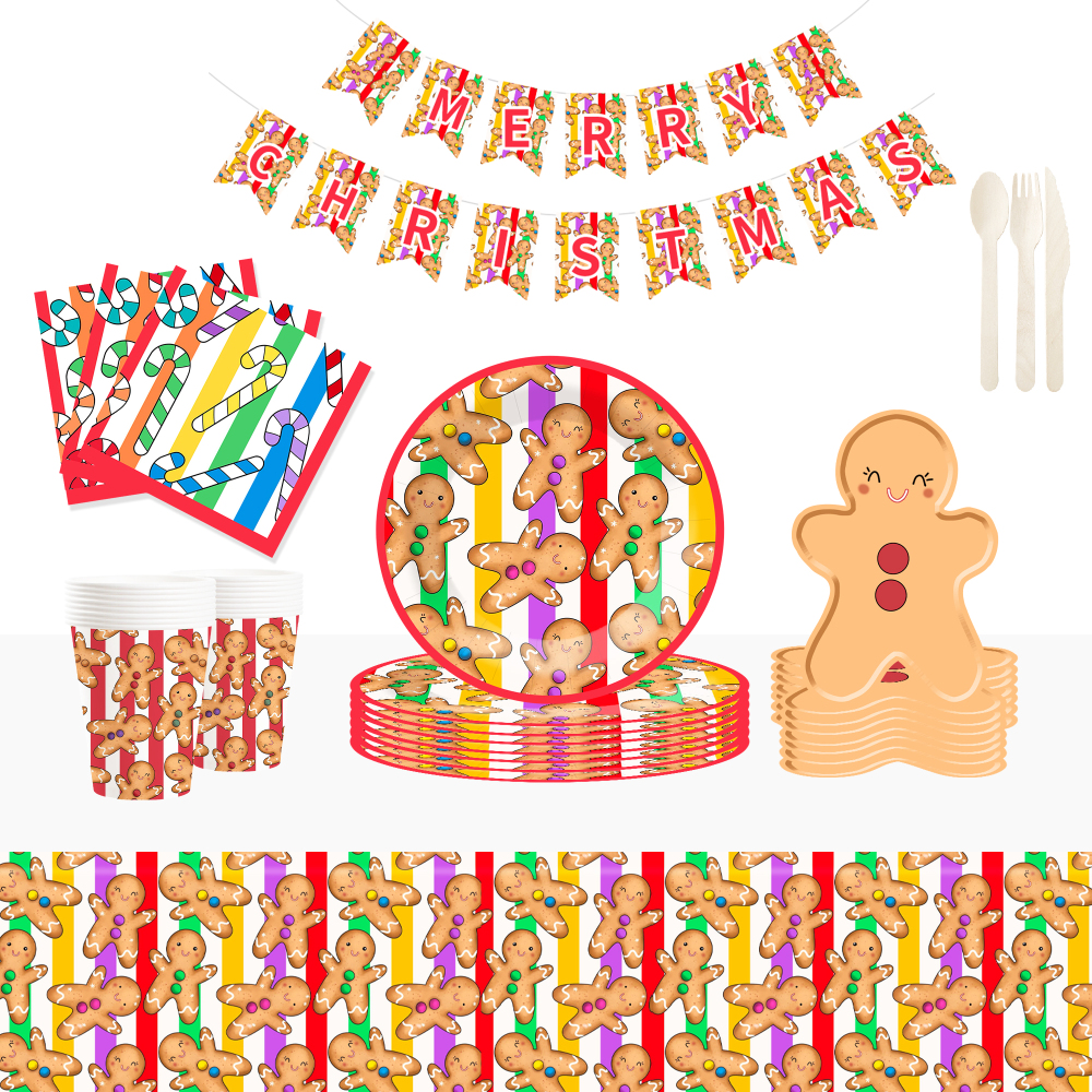 DAMAI Colorful Gingerbread Man Smiling Face Theme Christmas Holiday Paper Plate Cup and Napkin Supply