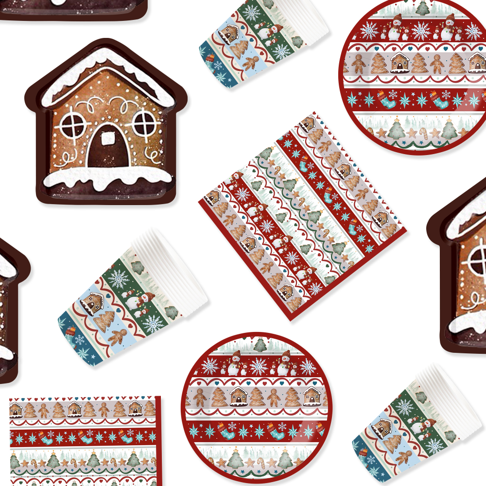 DAMAI Christmas-themed Paper Plates Paper Cups and Napkins with Cookie House and Gingerbread Man Designs