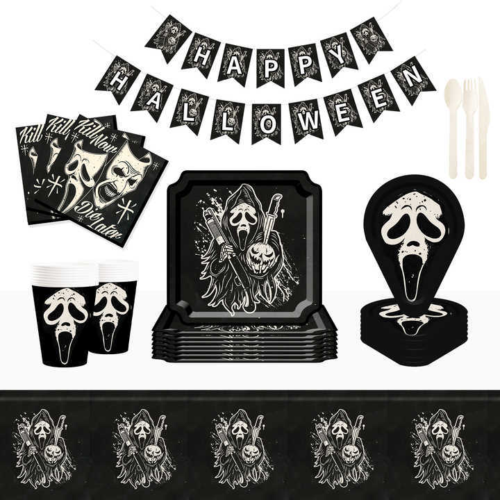 DAMAI Scary Grim Reaper Mask Theme Disposable Paper Plates Cups and Napkins for Halloween Party Supply
