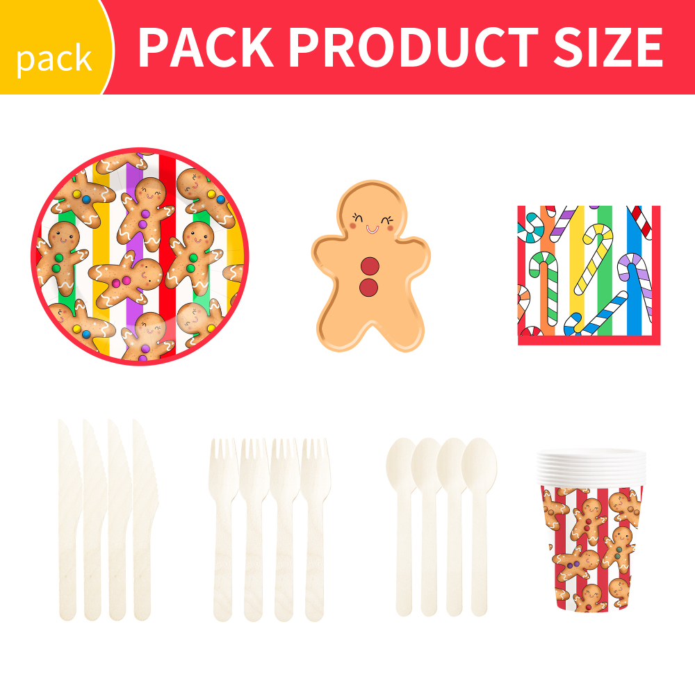 DAMAI Colorful Gingerbread Man Smiling Face Theme Christmas Holiday Paper Plate Cup and Napkin Supply