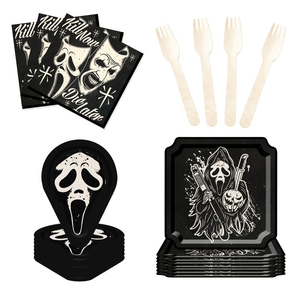 DAMAI Scary Grim Reaper Mask Theme Disposable Paper Plates Cups and Napkins for Halloween Party Supply