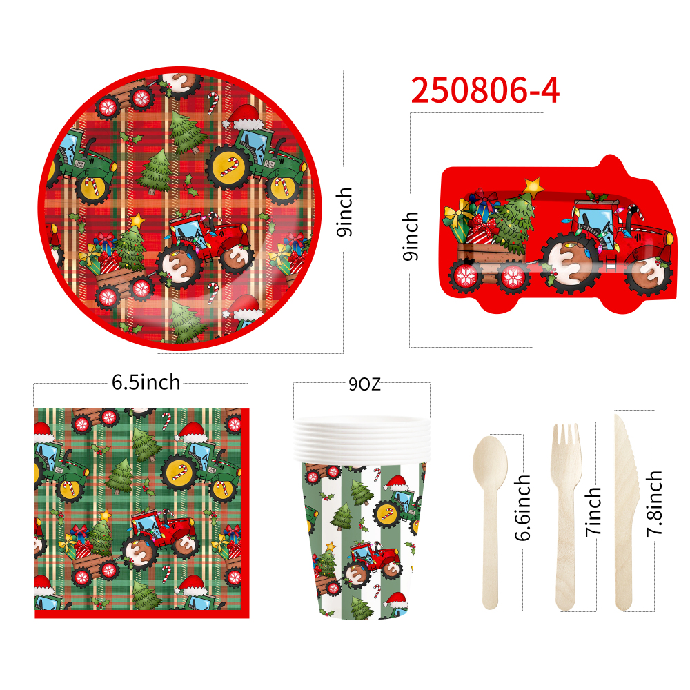 DAMAI Christmas Holiday Paper Plates Cups and Napkins with the Theme of Toy Tractors and Christmas Trees