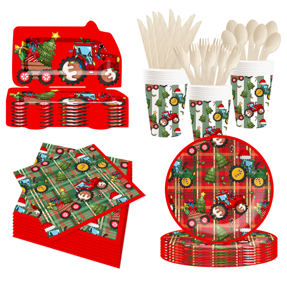 DAMAI Christmas Holiday Paper Plates Cups and Napkins with the Theme of Toy Tractors and Christmas Trees