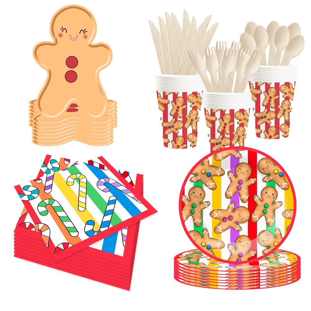 DAMAI Colorful Gingerbread Man Smiling Face Theme Christmas Holiday Paper Plate Cup and Napkin Supply