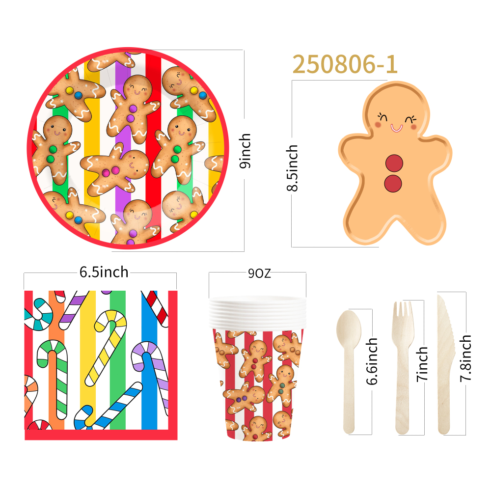 DAMAI Colorful Gingerbread Man Smiling Face Theme Christmas Holiday Paper Plate Cup and Napkin Supply