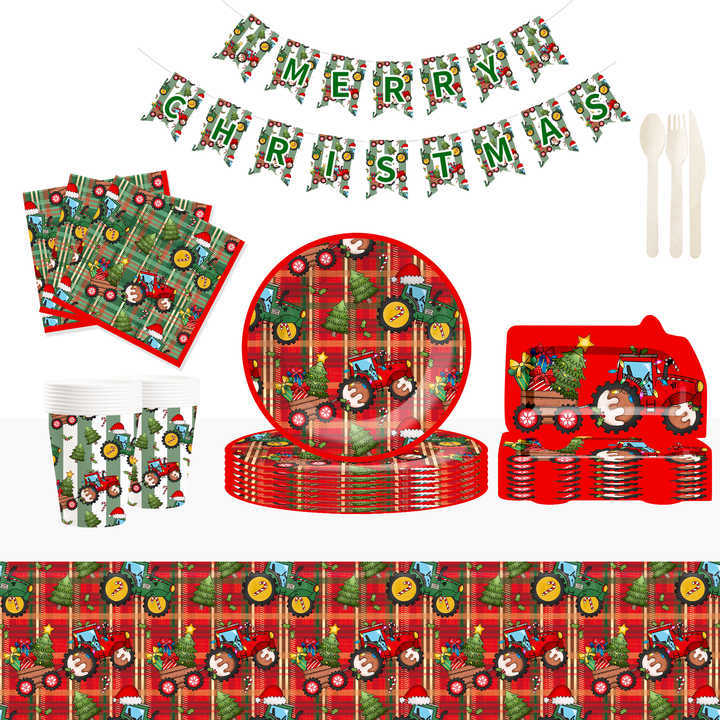 DAMAI Christmas Holiday Paper Plates Cups and Napkins with the Theme of Toy Tractors and Christmas Trees