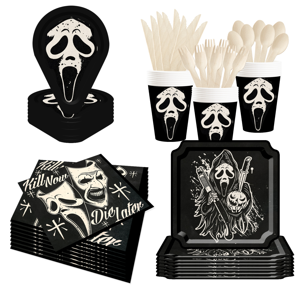 DAMAI Scary Grim Reaper Mask Theme Disposable Paper Plates Cups and Napkins for Halloween Party Supply