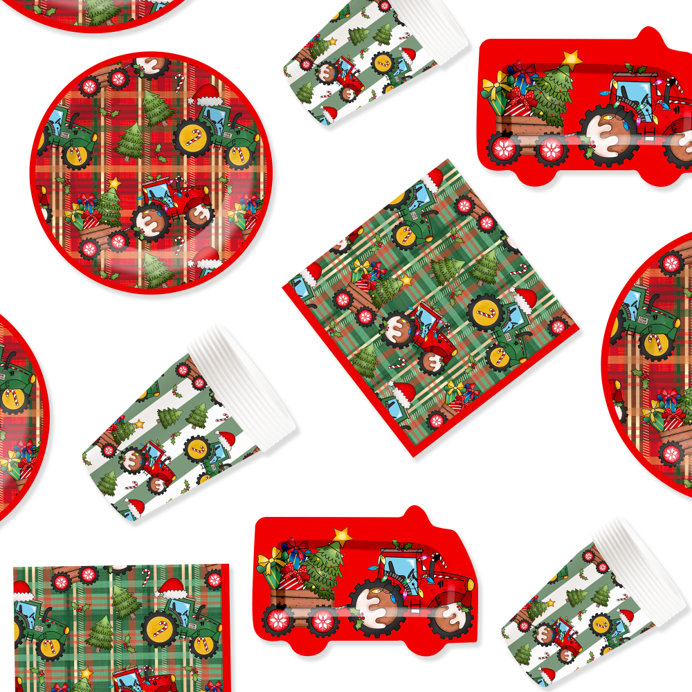 DAMAI Christmas Holiday Paper Plates Cups and Napkins with the Theme of Toy Tractors and Christmas Trees