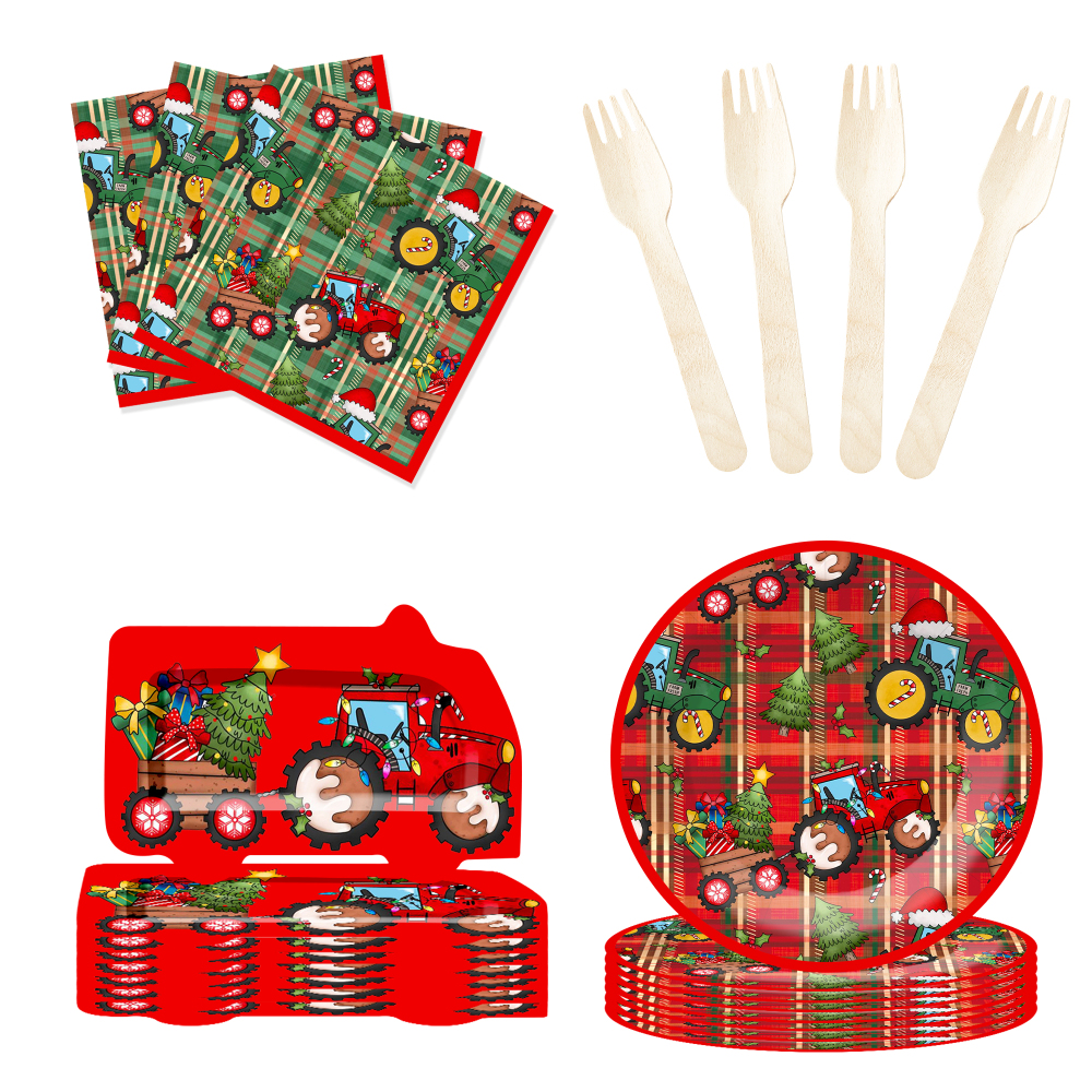 DAMAI Christmas Holiday Paper Plates Cups and Napkins with the Theme of Toy Tractors and Christmas Trees