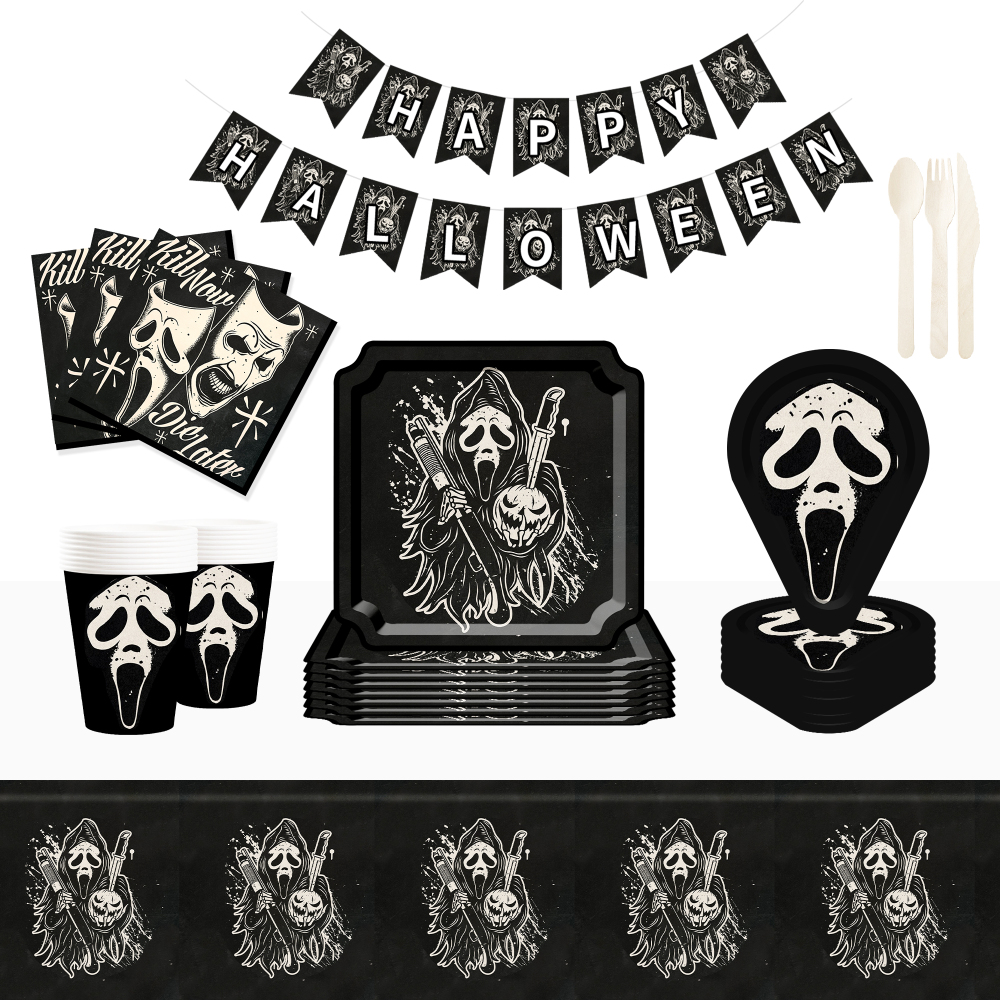 DAMAI Scary Grim Reaper Mask Theme Disposable Paper Plates Cups and Napkins for Halloween Party Supply
