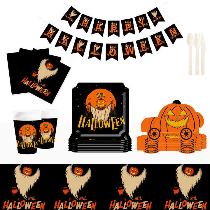 DAMAI Ghost Pumpkin Head and Pumpkin Truck Theme Paper Plates Cups and Napkins for Halloween Supply