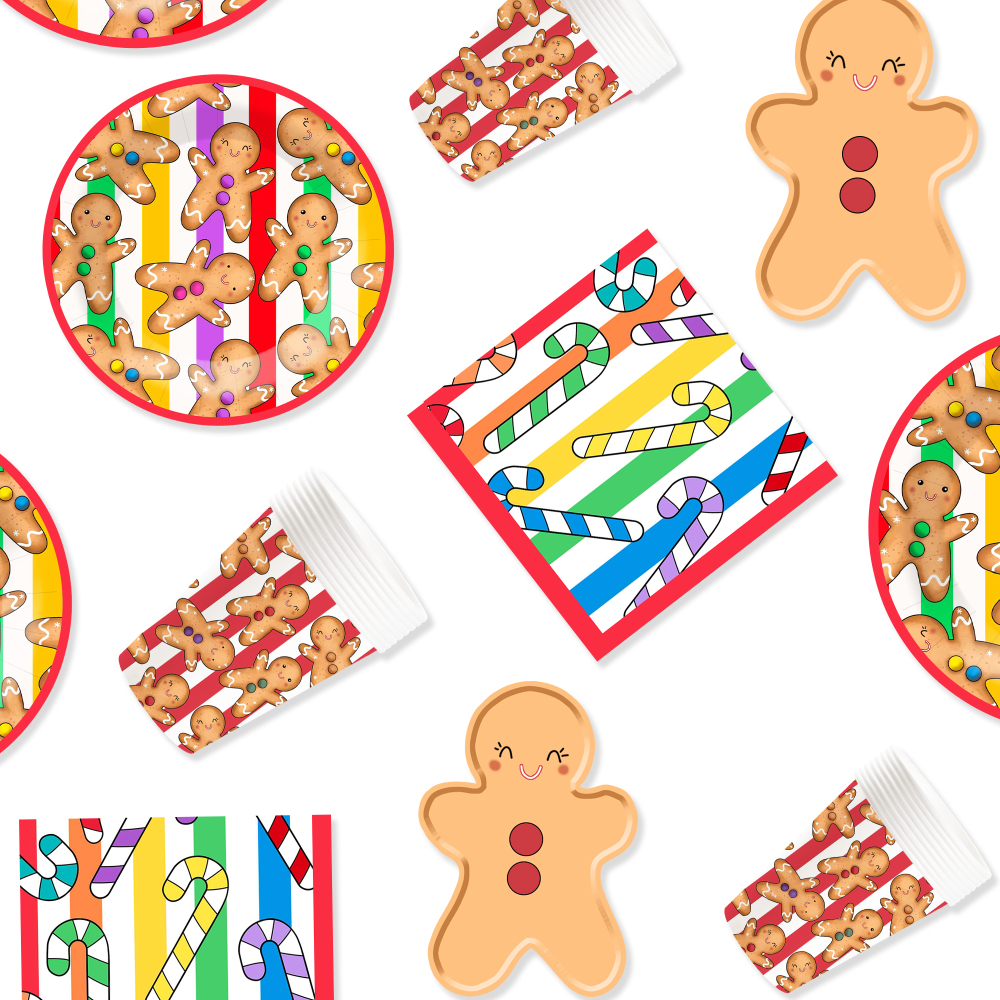 DAMAI Colorful Gingerbread Man Smiling Face Theme Christmas Holiday Paper Plate Cup and Napkin Supply