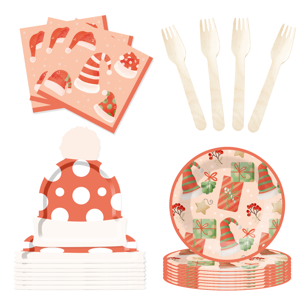 DAMAI New Style Christmas Polka Dot Hat Paper Plate Themed Disposable Paper Plates and Cups for Christmas Party Supply