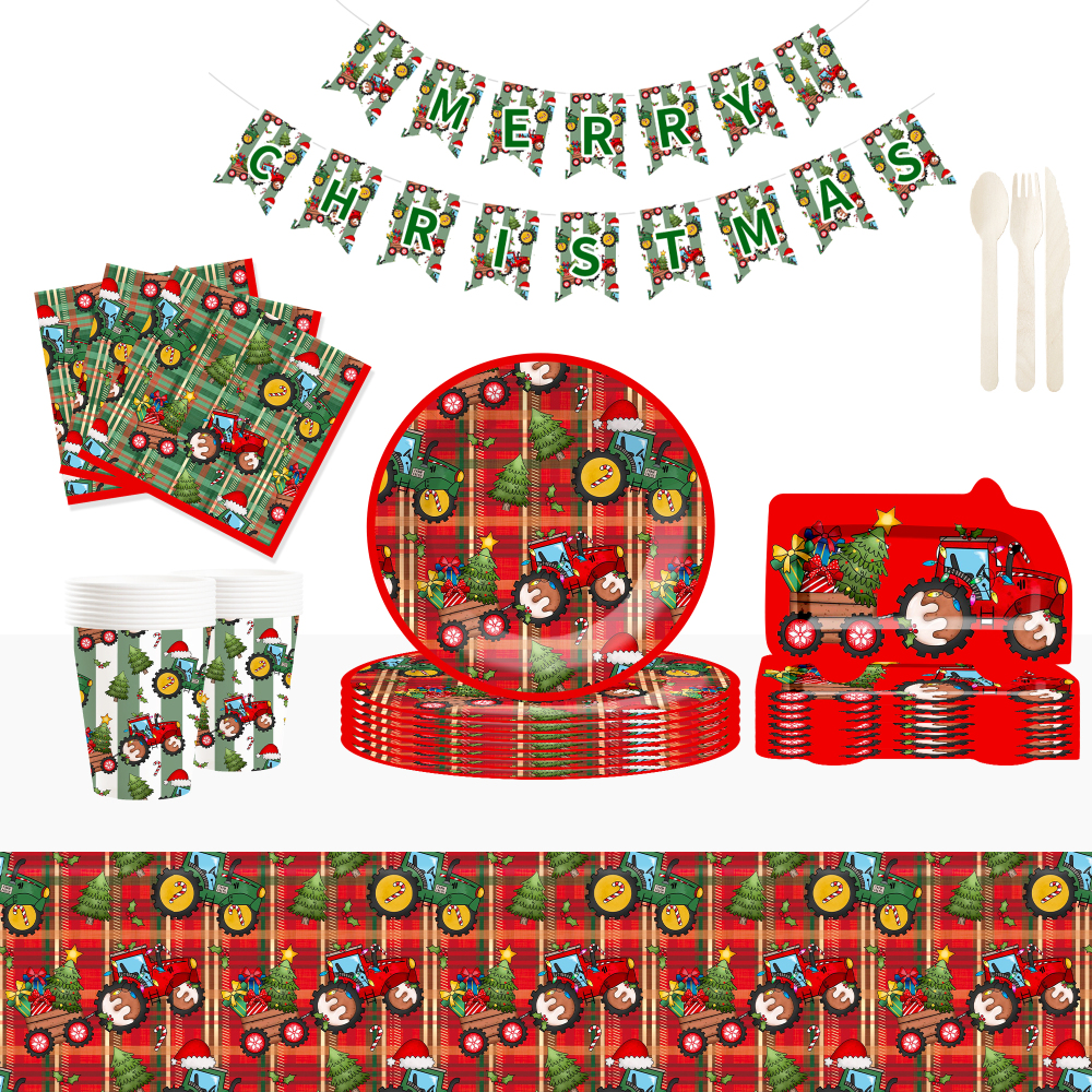 DAMAI Christmas Holiday Paper Plates Cups and Napkins with the Theme of Toy Tractors and Christmas Trees