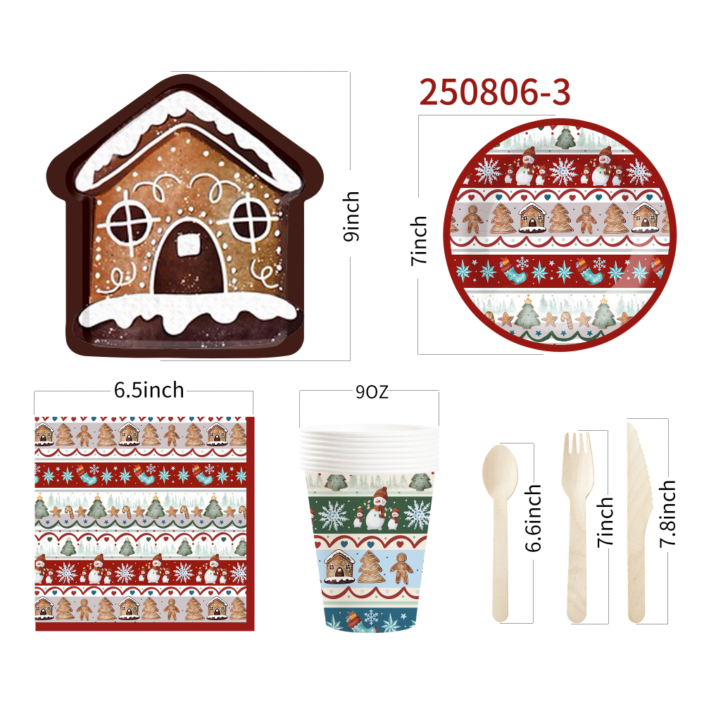 DAMAI Christmas-themed Paper Plates Paper Cups and Napkins with Cookie House and Gingerbread Man Designs