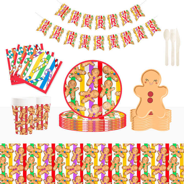 DAMAI Colorful Gingerbread Man Smiling Face Theme Christmas Holiday Paper Plate Cup and Napkin Supply