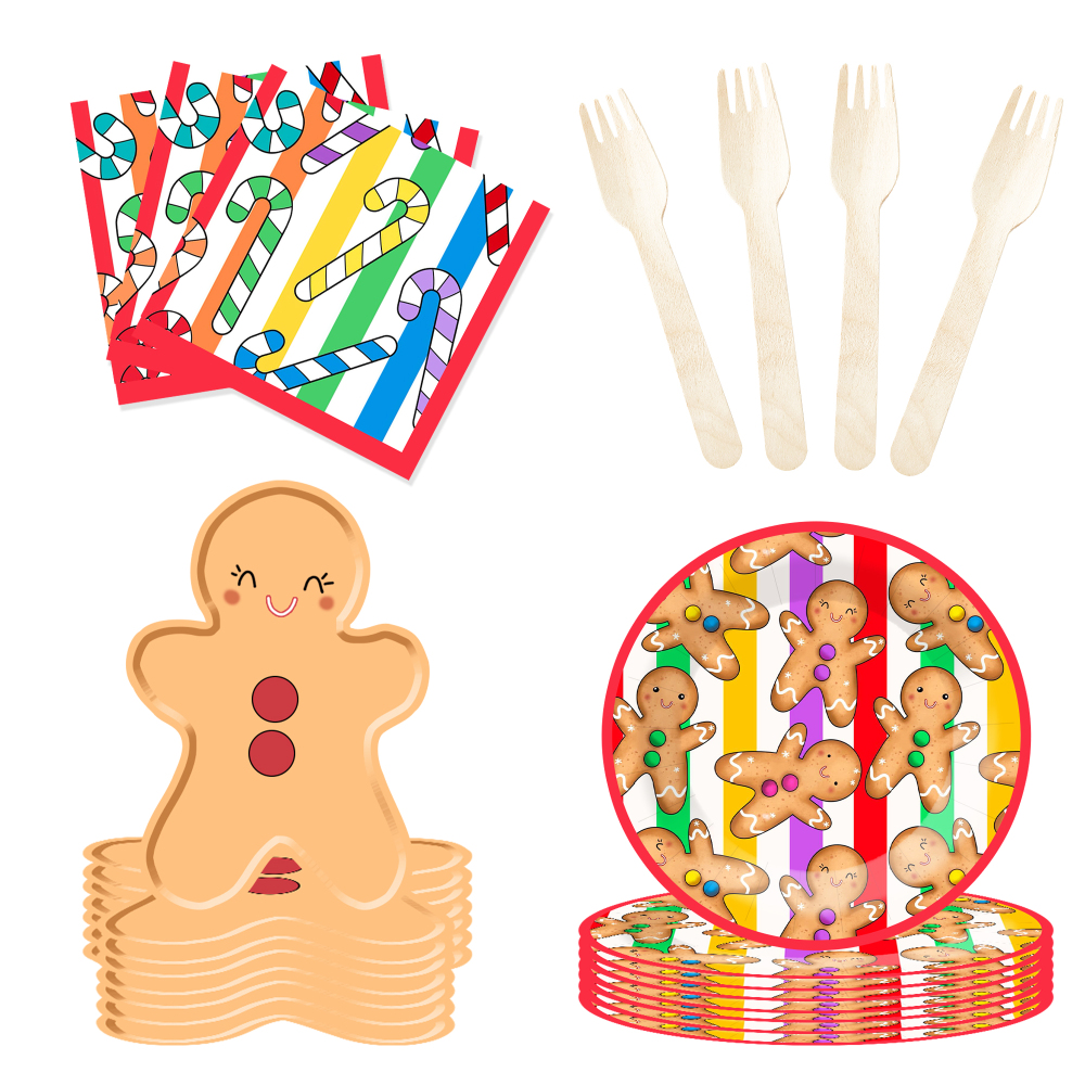 DAMAI Colorful Gingerbread Man Smiling Face Theme Christmas Holiday Paper Plate Cup and Napkin Supply