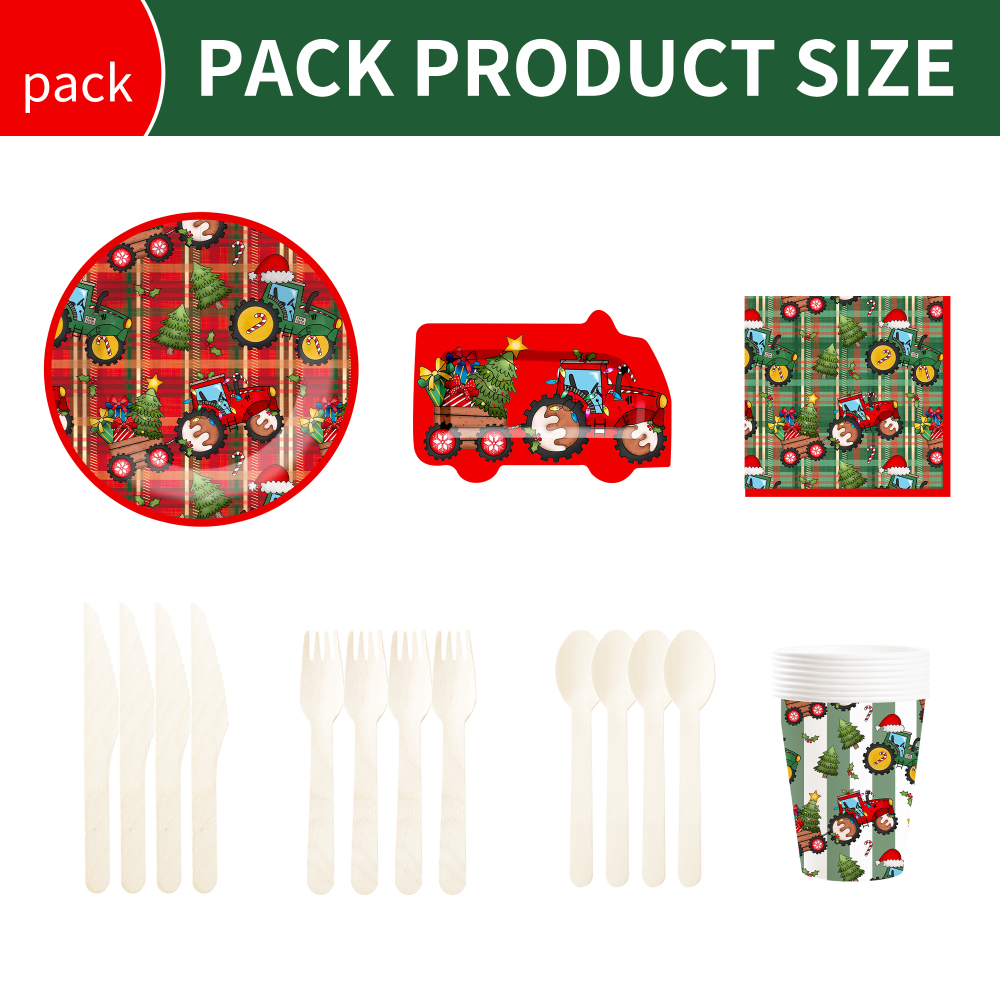 DAMAI Christmas Holiday Paper Plates Cups and Napkins with the Theme of Toy Tractors and Christmas Trees