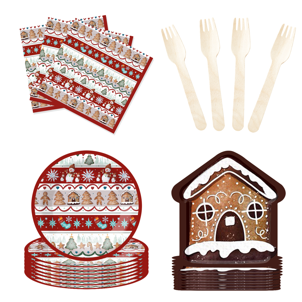 DAMAI Christmas-themed Paper Plates Paper Cups and Napkins with Cookie House and Gingerbread Man Designs